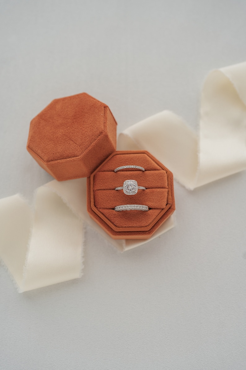 Velvet Octagon Triple Ring Box: Wedding Ring Display & Photography Prop Terracotta