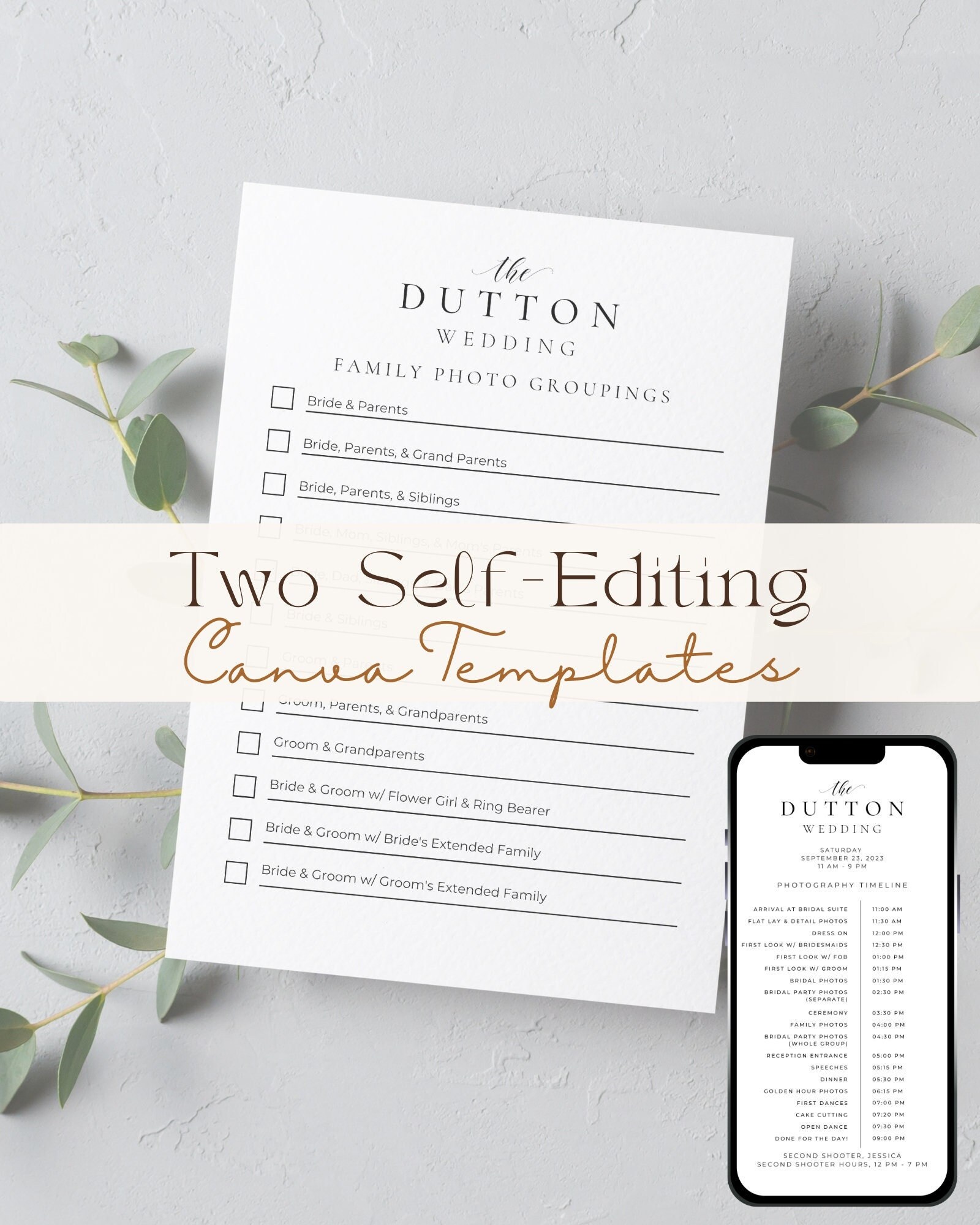 Wedding Day Itinerary | Minimalist Wedding Timeline, Wedding Photography Timeline and Shot List Template, Photographer Branding Materials