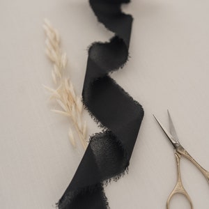 Black Silk Chiffon Ribbon 1.5 By the Yard Chiffon Ribbon, Hand Dyed, Hand Torn Frayed Edges, for Bouquet, Invitations, Flat Lays image 3