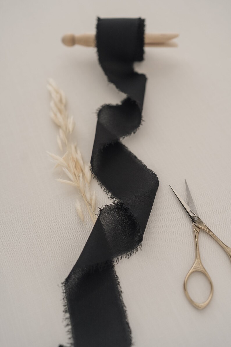 Black Silk Chiffon Ribbon 1.5 By the Yard Chiffon Ribbon, Hand Dyed, Hand Torn Frayed Edges, for Bouquet, Invitations, Flat Lays image 3