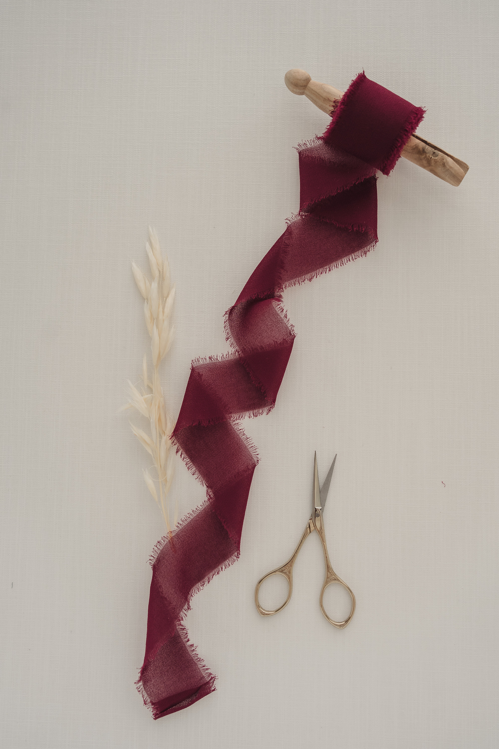 Wine Red Silk Chiffon Ribbon |  1.5" By the Yard Chiffon Ribbon, Hand Dyed, Hand Torn Frayed Edges, for Bouquet, Invitations, Flat Lays