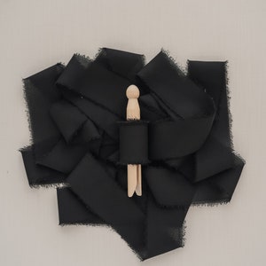 Black Silk Chiffon Ribbon 1.5 By the Yard Chiffon Ribbon, Hand Dyed, Hand Torn Frayed Edges, for Bouquet, Invitations, Flat Lays image 2