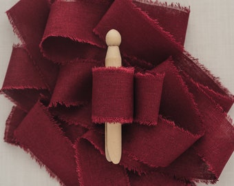 Red Linen Ribbon, 1.5" By the Yard Burgundy Cotton Ribbon, Hand Dyed and Hand Torn with Frayed Edges, for Bouquet, Invitations, Flat Lays