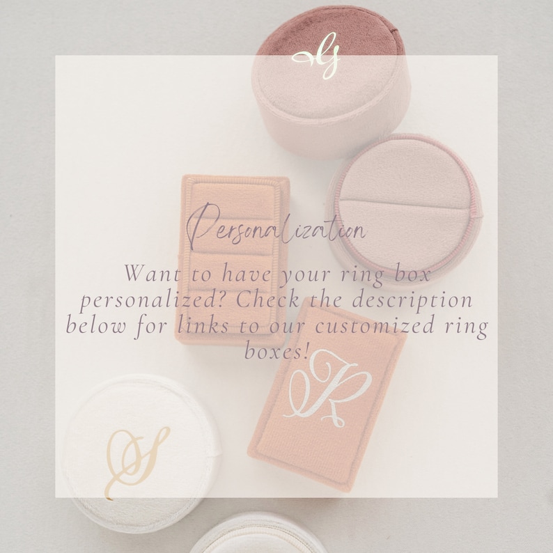 May include: Four ring boxes in different colours with personalised initials. The boxes are made of velvet and have a soft, luxurious feel. The text "Personalization" is written on the image. The text "Want to have your ring box personalised? Check the description below for links to our customised ring boxes!" is also written on the image.