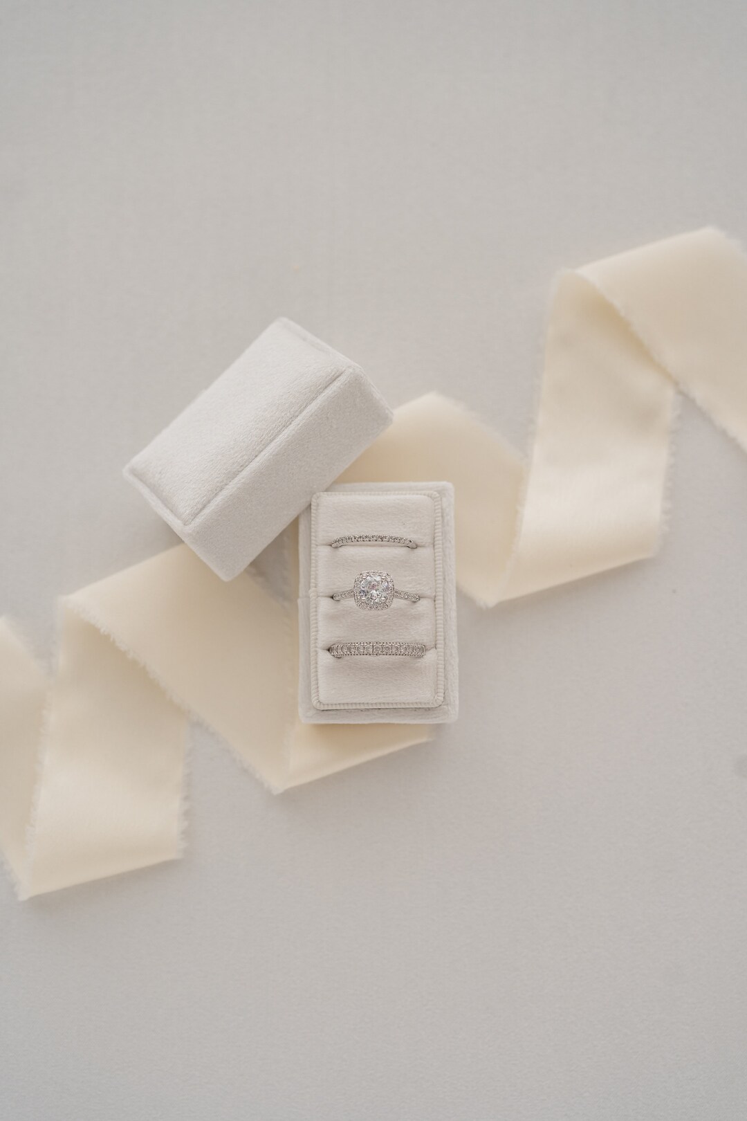 Three Slot Velvet Ring Box, White Pearl, Rectangle, Custom Monogram ...