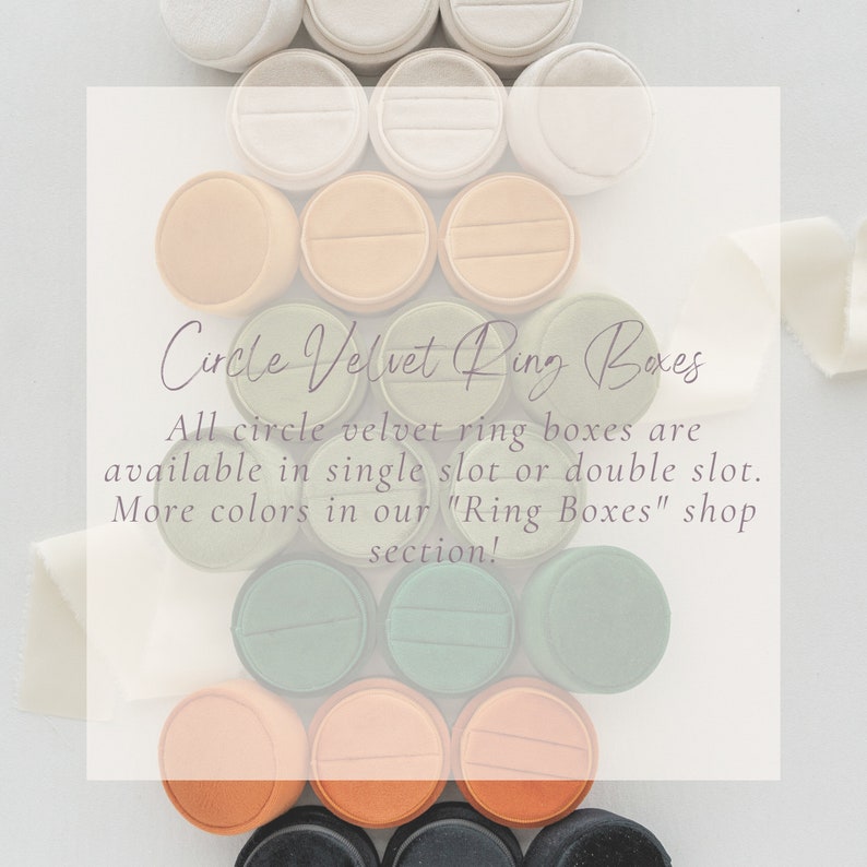 May include: Assortment of round velvet ring boxes in various colors, including beige, green, black, and orange. The boxes are arranged in a circle with the text "Circle Velvet Ring Boxes" and additional information about the product.