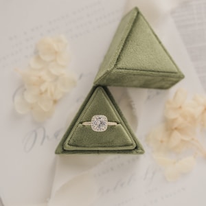 Triangle Velvet Ring Box, Green, Single Slot for Proposal, Promise Ring, Engagement, Elopement, Custom Wedding Flat Lay Details