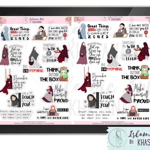 Puede incluir: Una tableta digital muestra una colecci&oacute;n de pegatinas de arte isl&aacute;mico. Las pegatinas presentan citas inspiradoras e ilustraciones de mujeres con hiyab. El texto incluye frases como "Great Things Never Came From Comfort Zones" y "Be Unstoppable."