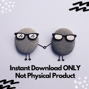 Puede incluir: Dos piedras grises con gafas de montura negra y piernas y brazos de palitos, tomados de la mano. La imagen tiene el texto "Instant Download ONLY Not Physical Product" en fuente blanca sobre un fondo morado claro. Garabatos negros en las esquinas.