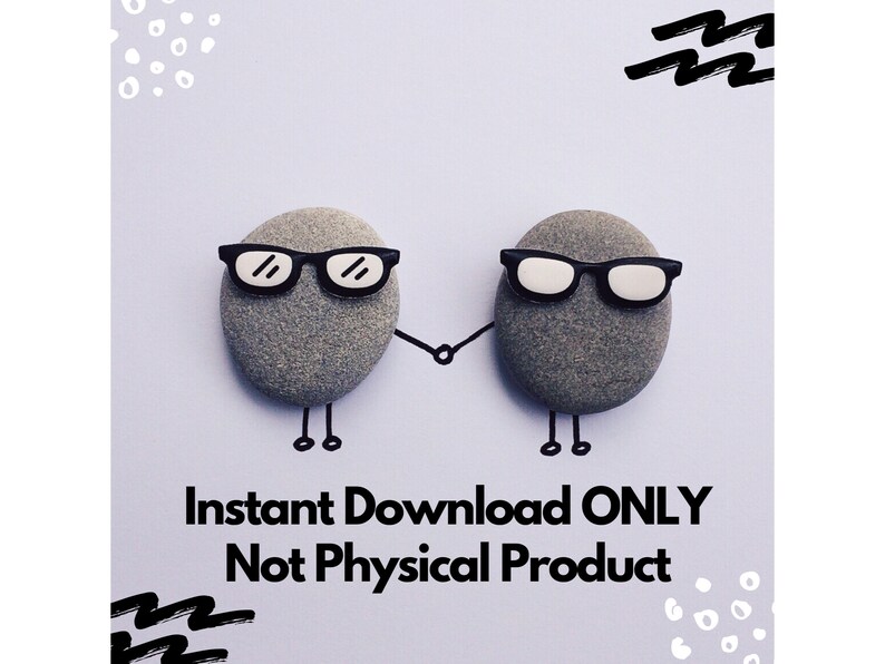 Puede incluir: Dos piedras grises con gafas de montura negra y piernas y brazos de palitos, tomados de la mano. La imagen tiene el texto "Instant Download ONLY Not Physical Product" en fuente blanca sobre un fondo morado claro. Garabatos negros en las esquinas.
