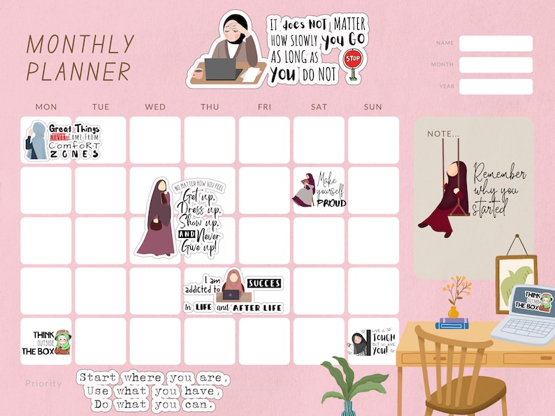 Puede incluir: Un planificador mensual rosa con citas motivacionales y pegatinas. El planificador incluye una cuadr&iacute;cula de calendario, una ilustraci&oacute;n de escritorio y texto que dice "It does NOT MATTER how slowly you go as long as you do NOT stop."