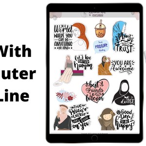 May include: A digital tablet screen displaying a collection of colorful stickers with inspirational quotes and illustrations. The stickers feature phrases like "Let's be better human", "Play wait trust", "You are awesome", and "That positive energy looks good on you".