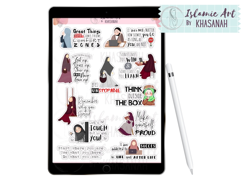 Puede incluir: Ilustraci&oacute;n digital en una tableta con citas motivacionales e im&aacute;genes de mujeres con hiyab. Las citas son en blanco y negro, con acentos coloridos. Un l&aacute;piz &oacute;ptico blanco est&aacute; al lado de la tableta. La obra de arte est&aacute; etiquetada como "Islamic Art by Khasanah".