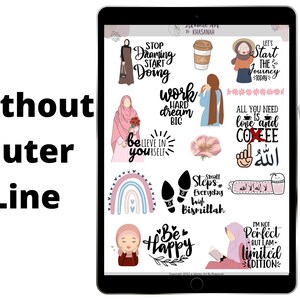 May include: A digital tablet screen displaying a collection of colorful digital stickers featuring motivational quotes and illustrations. The stickers include phrases like "Stop Dreaming Start Doing", "Work Hard Dream Big", "Believe in Yourself", "Let's Start the Journey", "All You Need is Love and Coffee", "Small Steps Everyday with Bismillah", "Be Happy", and "I'm Not Perfect But I Am Limited Edition".