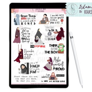 Puede incluir: Una impresi&oacute;n de arte digital en una tableta con citas inspiradoras e ilustraciones de mujeres con hiyab. Las citas incluyen "Las grandes cosas nunca vinieron de las zonas de confort" y "S&eacute; imparable". Un l&aacute;piz &oacute;ptico blanco est&aacute; al lado de la tableta.