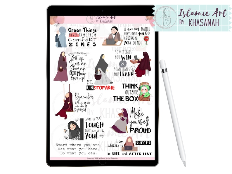 Puede incluir: Una impresi&oacute;n de arte digital en una tableta con citas inspiradoras e ilustraciones de mujeres con hiyab. Las citas incluyen "Las grandes cosas nunca vinieron de las zonas de confort" y "S&eacute; imparable". Un l&aacute;piz &oacute;ptico blanco est&aacute; al lado de la tableta.