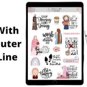 May include: A digital tablet screen displaying a collection of colorful digital stickers featuring motivational quotes and illustrations of women wearing headscarves. The stickers include phrases like "Stop Dreaming Start Doing", "Work Hard Dream Big", "Let's Start the Journey Today", "All You Need is Love and Coffee", and "Be Happy".