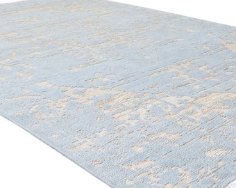 Area Rug for Living Room,Turkish Rug 8 x 10 rug for bedroom aesthetic, Blue / Gray hand knot floor & rug Carpet