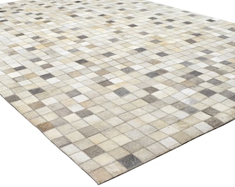 Alfombra moderna de bloques de cuero marfil / gris, alfombra patchwork, alfombra de cuero de vaca grande, alfombra de alfombra de área