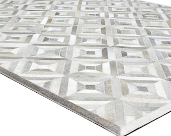Diamonds Moroccan Leather patchwork rug, Cowhide Rug, Leather Rug for bedroom, Modern Area Rug Gray Carpet