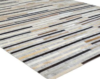 Beige / Gray Striped Leather Rug for bedroom, Cowhide Rug, Patchwork Rug, Large Modern Area Rug Carpet