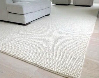 Hand Knitted Chunky Wool Area Rug, Plain Solid Ivory / Off White Rug, Runner Rug, Round Rug, Square Rug