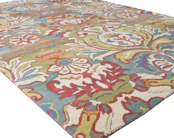 Alfombra bohemia moderna para dormitorio, alfombra ecléctica de lana multicolor, alfombra floral tejida a mano