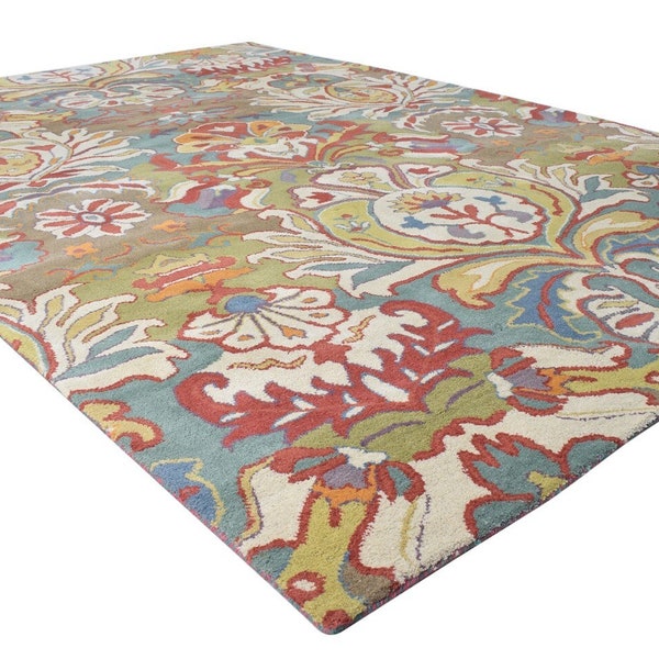 Modern Boho Rug for Bedroom Eclectic Wool Multi Colorful Rug Hand Tufted Floral Carpet