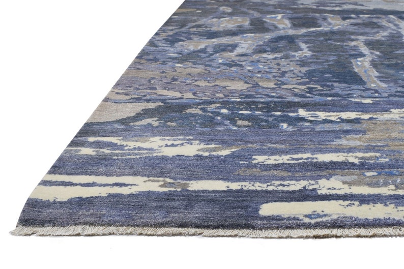 Wool / Art Silk Rug Grey Rug 11X10 Modern Hand Knotted Indian Abstract