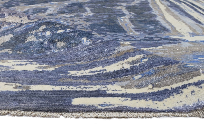 Wool / Art Silk Rug Grey Rug 11X10 Modern Hand Knotted Indian Abstract