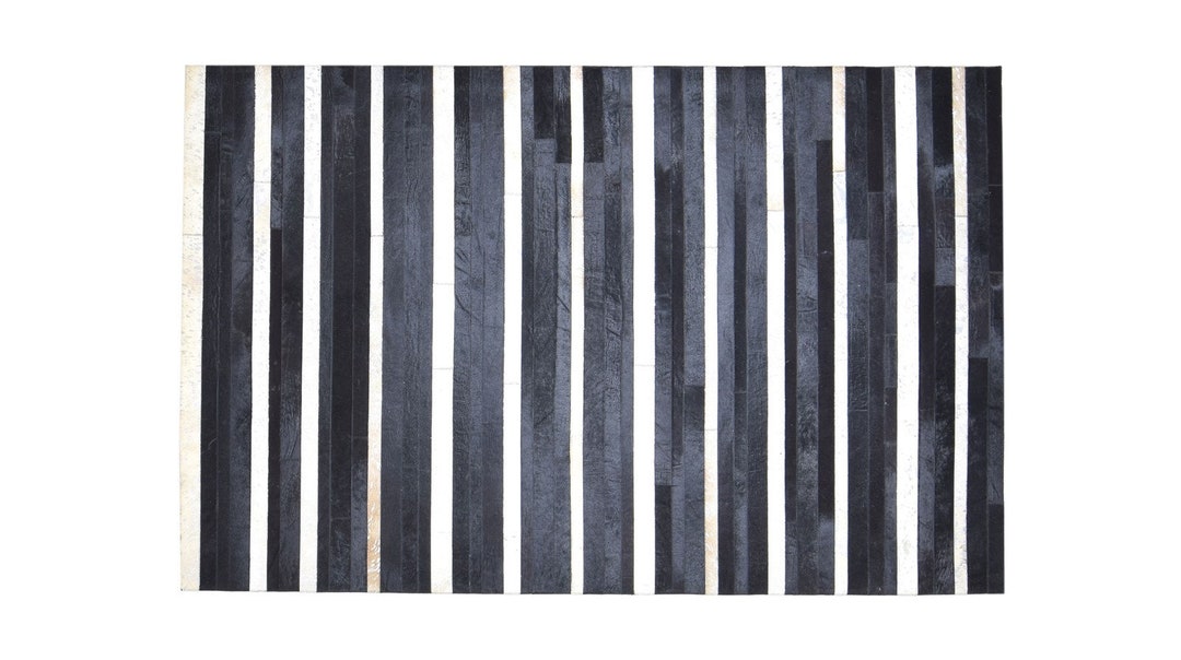 Cowhide Rug Large Patchwork Leather Rug, Black Area Rug 5X8 Modern