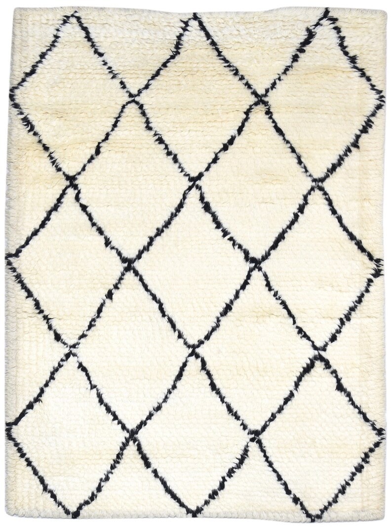 Wool ivory rug 5' x 6' modern hand woven moroccan diamond room size carpet image 2