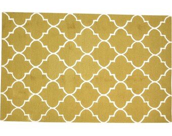 100% Wool Gold Rug 5X8 Modern Hand Tufted Scandinavian Trellis Room Size Carpet