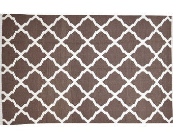 Tapis en laine marron, 6 pi x 9 pi, Dhurrie, tapis marocain moderne en treillis de la taille d'une pièce