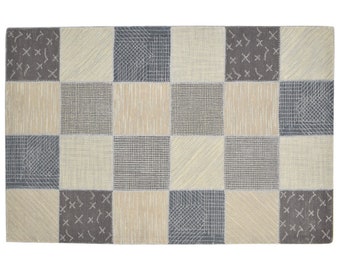 Hand Tufted Beige Wool Rug 5' X 8' Modern Scandinavian Grid Room Size Carpet