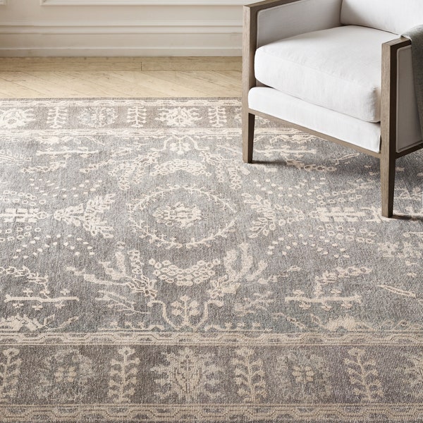 Hand Knot Rug, Restoration Hardware Filoli Grey Wool Rug, Persian Sarouk Rug, Oriental Carpet