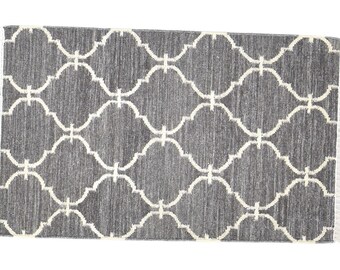 Wool Dark Grey Rug 3' X 5' Modern Dhurrie Moroccan Trellis Small Carpet