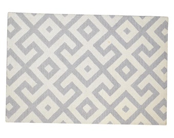 Grey Wool Rug 4' X 6' Modern Hand Tufted Scandinavian Geometric Room Size Carpet