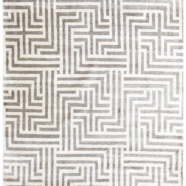 Silk Cream Rug 6' X 8' Modern Hand Knotted Moroccan Geometric Room Size Carpet