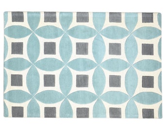 Blue Wool Rug 4' X 6' Modern Hand Tufted Moroccan Geometric Room Size Carpet