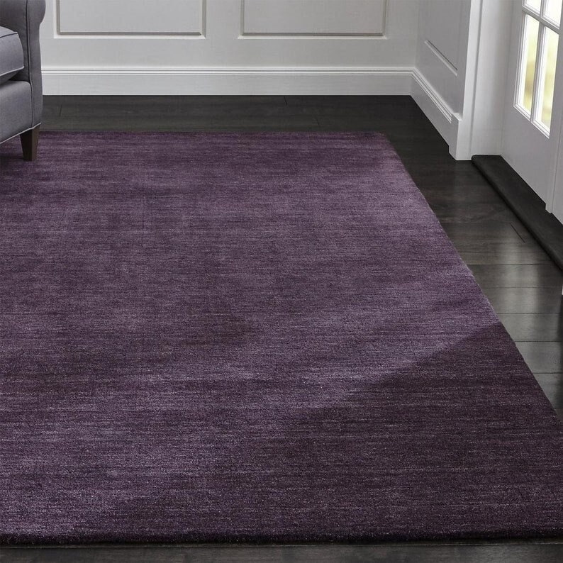 Area Rug for Bedroom, Modern Plum Purple Rug, Solid Color Wool Rug for