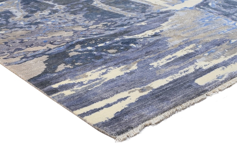 Wool / Art Silk Rug Grey Rug 11X10 Modern Hand Knotted Indian Abstract