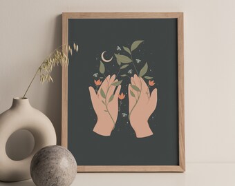 Open Hands Botanical Artwork - PRINTABLE WALL ART | Digital Download, Plant Digital Art, Boho, Botanical Art, Printable, Plant Print, Hands