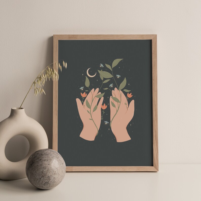 Offene Hände Botanisches Kunstwerk - DRUCKBARE WANDKUNST | Digitaler Download, Pflanze digitale Kunst, Boho, botanische Kunst, printable, Plant Print, Hände Bild 1
