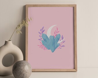 Crystal Moon Artwork - PRINTABLE WALL ART | Digital Download, Celestial Art, Wall Decor Print, Boho Art, Floral Art Print, Home Decor Art