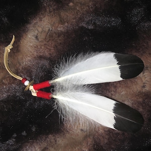 Hand-Painted Feather Hair Tie: Abalone Shell, Replica Eagle Feathers