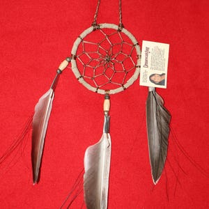 Puede incluir: Un atrapasueños marrón y blanco con tres plumas colgando de él. El atrapasueños está sobre un fondo rojo. El texto de la tarjeta dice "Dreamcatcher".
