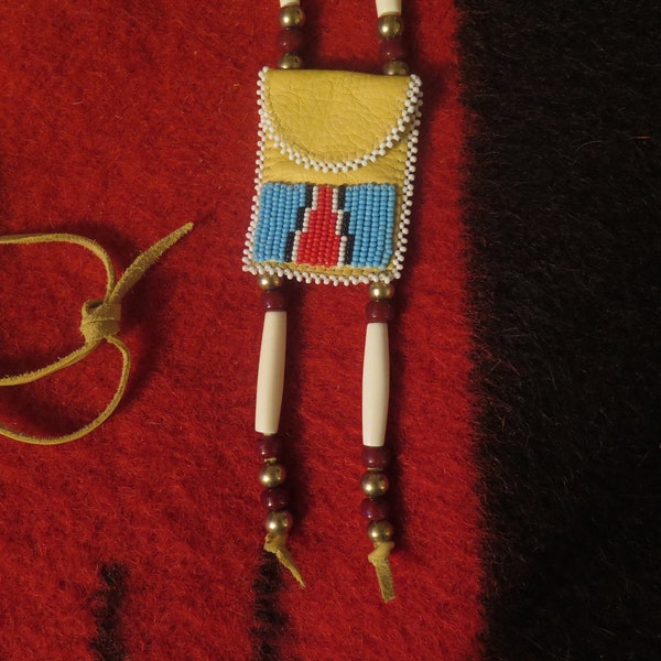 Native American Tanned Leather Deer Beaded Medicine Bag Native made Brass beads bone hair-pipe Deer Lace beautifully beaded with Czech beads