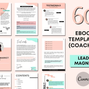 May include: A pink and teal graphic design with the text "60 Ebook Templates (Coaches) Lead Magnet Canva" and a graphic of a person's head and shoulders.