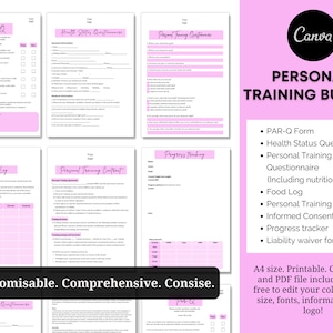 May include: A pink and white printable bundle of personal training forms. The bundle includes a PAR-Q form, health status questionnaire, personal training questionnaire, food log, personal training contract, informed consent, progress tracker, and liability waiver form. The text "Customisable. Comprehensive. Consise." is at the bottom of the image. The text "A4 size. Printable. Canva link and PDF file included. Feel free to edit your colours, font size, fonts, information and logo!" is on the right side of the image.